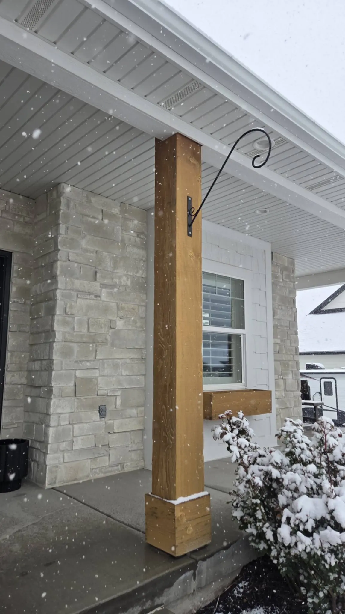 Stacked stone block column on a residential porch by Spackman Construction in Cache Valley, Utah